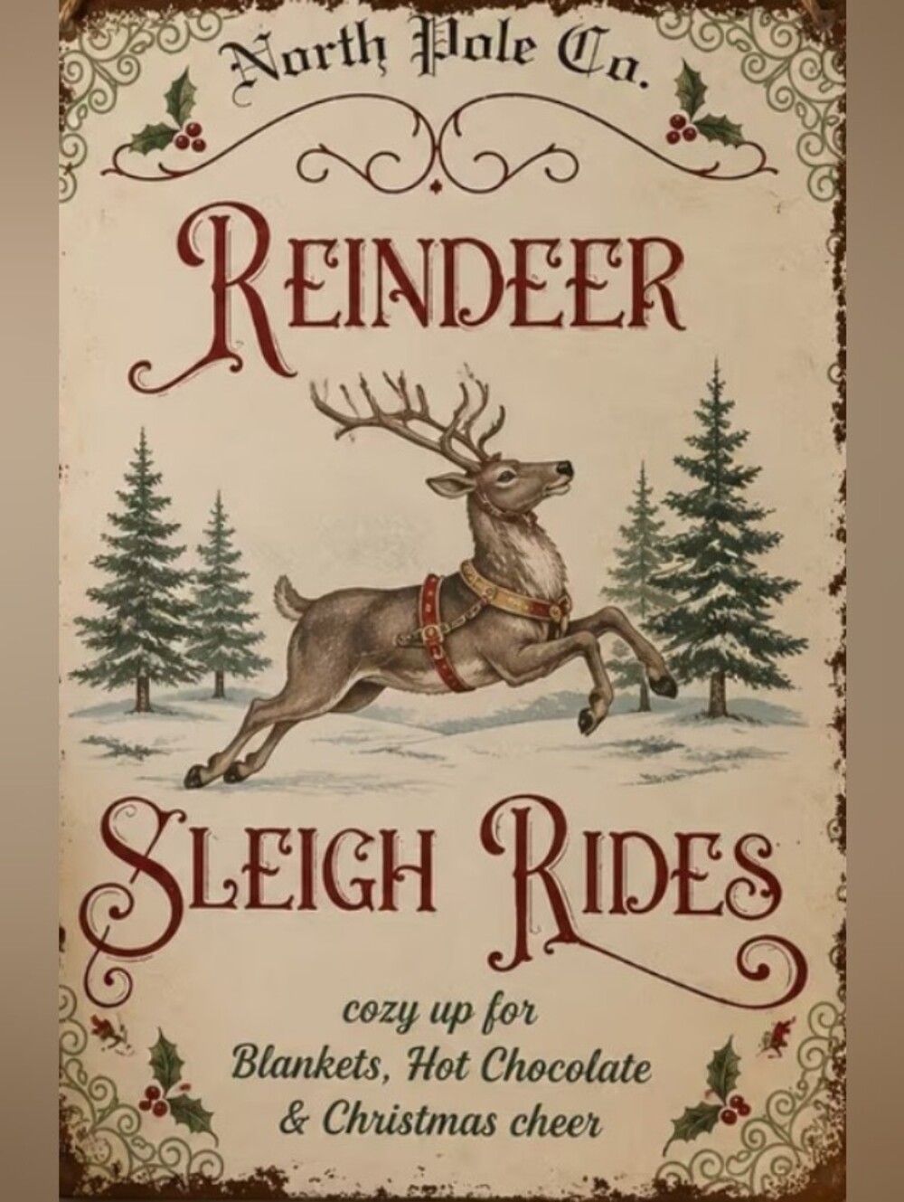 Reindeer Sleigh Rides Holiday Wall Art - Red & Green 8x10 Print